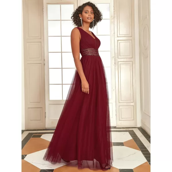 EverPretty Womens VNeck Pleated Sequin Sleeveless Tulle Long Evening Gowns 0062BBurgundy