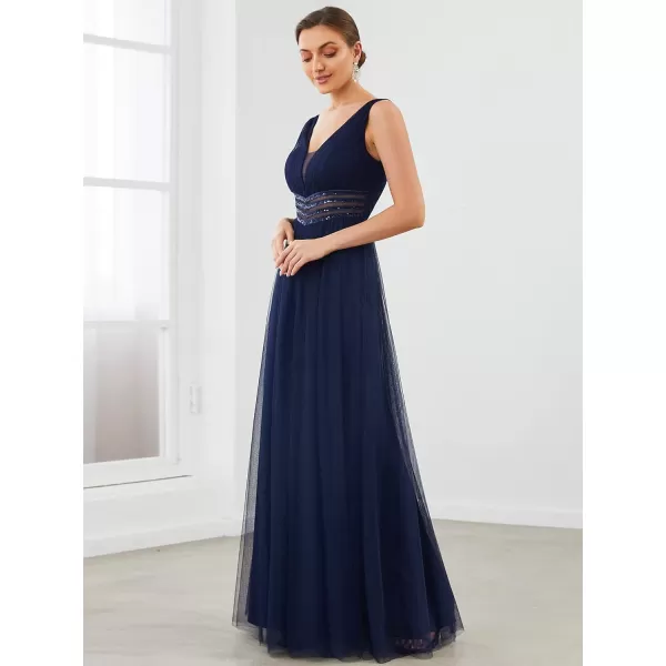 EverPretty Womens VNeck Pleated Sequin Sleeveless Tulle Long Evening Gowns 0062BNavy Blue