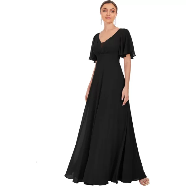 EverPretty Womens VNeck Ruffle Sleeve ALine Pleated Chiffon Maxi Evening Dress 0278ABlack