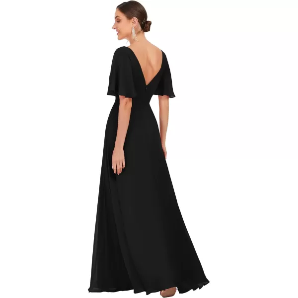 EverPretty Womens VNeck Ruffle Sleeve ALine Pleated Chiffon Maxi Evening Dress 0278ABlack