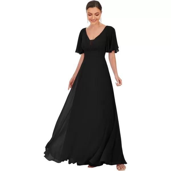 EverPretty Womens VNeck Ruffle Sleeve ALine Pleated Chiffon Maxi Evening Dress 0278ABlack