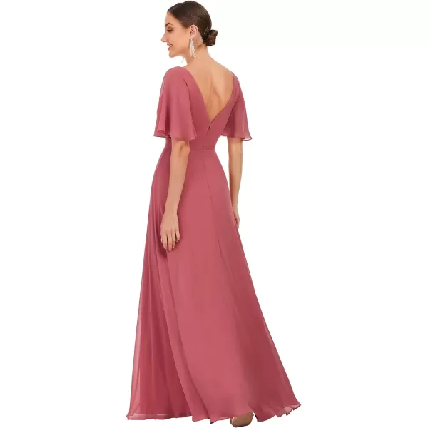 EverPretty Womens VNeck Ruffle Sleeve ALine Pleated Chiffon Maxi Evening Dress 0278ACame Brown