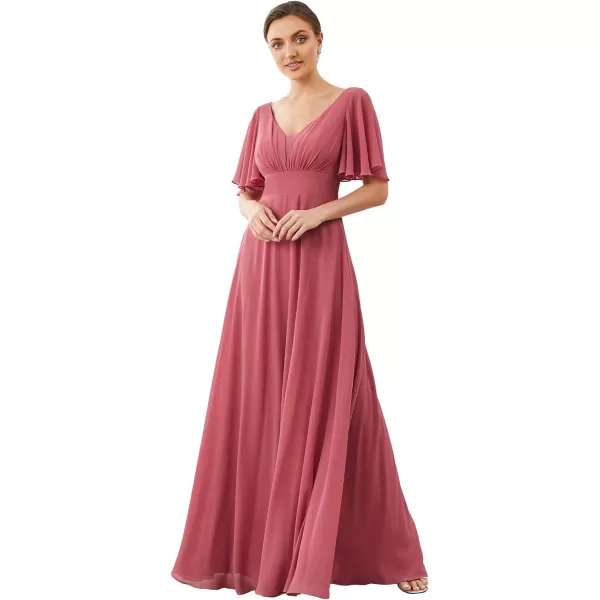 EverPretty Womens VNeck Ruffle Sleeve ALine Pleated Chiffon Maxi Evening Dress 0278ACame Brown