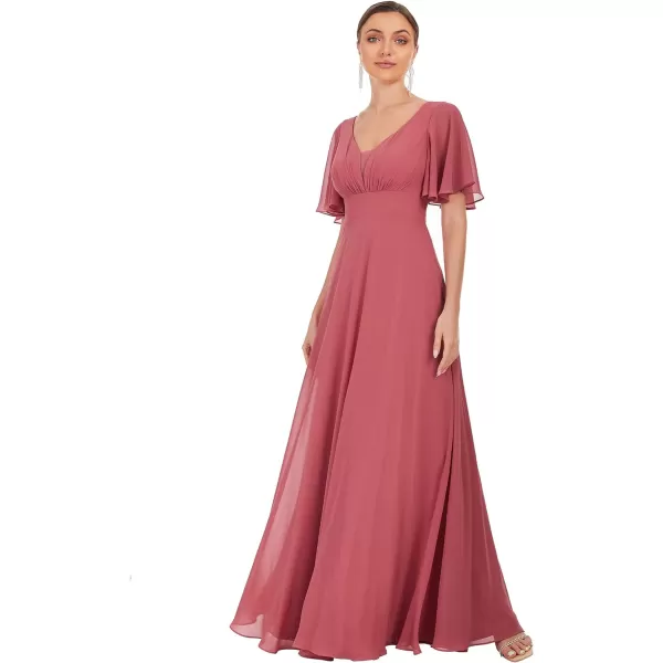 EverPretty Womens VNeck Ruffle Sleeve ALine Pleated Chiffon Maxi Evening Dress 0278ACame Brown