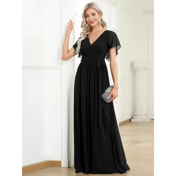 EverPretty Womens VNeck Ruffle Sleeves Ruched Bust Chiffon Floor Length Formal Dresses 0164AUSABlack