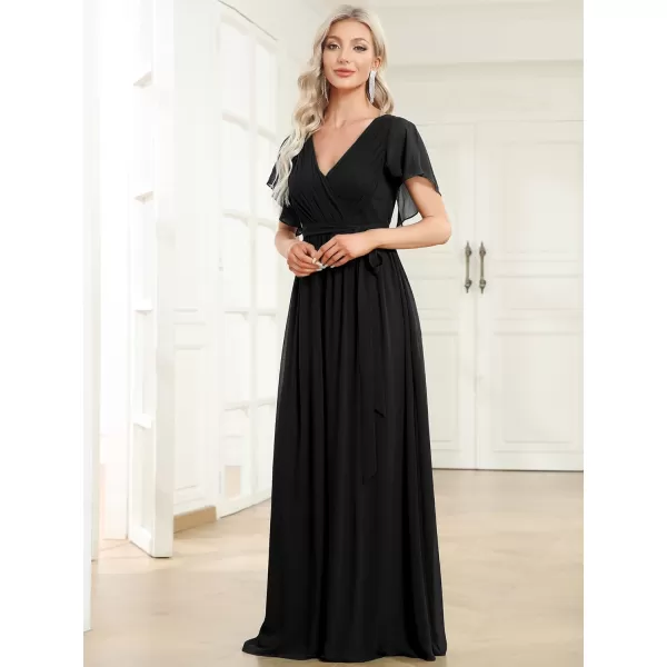EverPretty Womens VNeck Ruffle Sleeves Ruched Bust Chiffon Floor Length Formal Dresses 0164AUSABlack