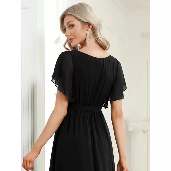 EverPretty Womens VNeck Ruffle Sleeves Ruched Bust Chiffon Floor Length Formal Dresses 0164AUSABlack