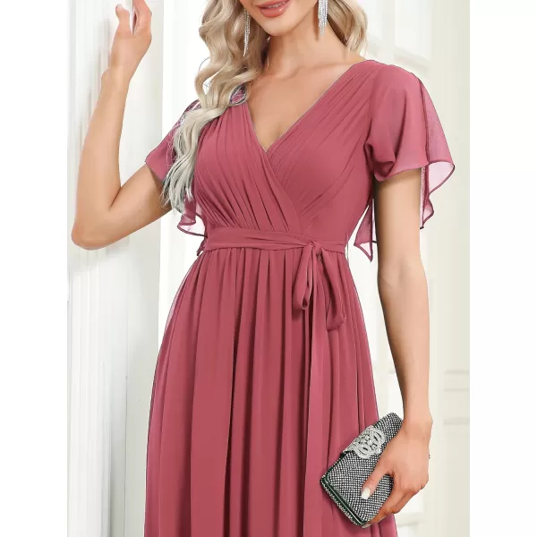 EverPretty Womens VNeck Ruffle Sleeves Ruched Bust Chiffon Floor Length Formal Dresses 0164AUSACameo Brown