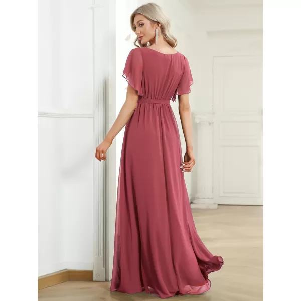 EverPretty Womens VNeck Ruffle Sleeves Ruched Bust Chiffon Floor Length Formal Dresses 0164AUSACameo Brown