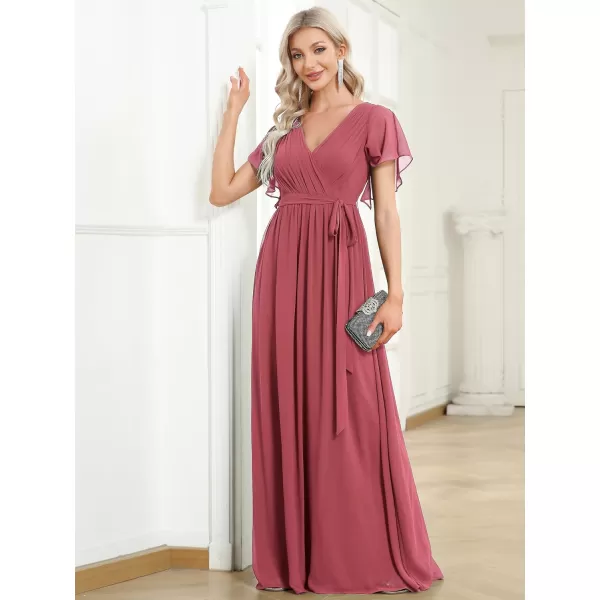 EverPretty Womens VNeck Ruffle Sleeves Ruched Bust Chiffon Floor Length Formal Dresses 0164AUSACameo Brown
