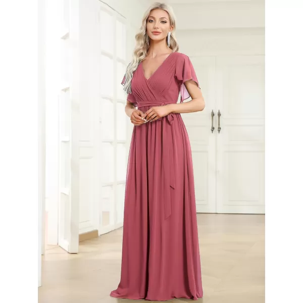 EverPretty Womens VNeck Ruffle Sleeves Ruched Bust Chiffon Floor Length Formal Dresses 0164AUSACameo Brown