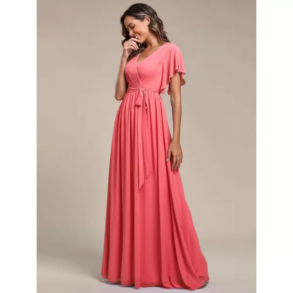 EverPretty Womens VNeck Ruffle Sleeves Ruched Bust Chiffon Floor Length Formal Dresses 0164AUSACoral
