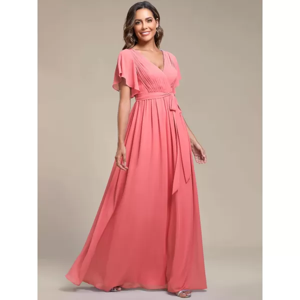 EverPretty Womens VNeck Ruffle Sleeves Ruched Bust Chiffon Floor Length Formal Dresses 0164AUSACoral