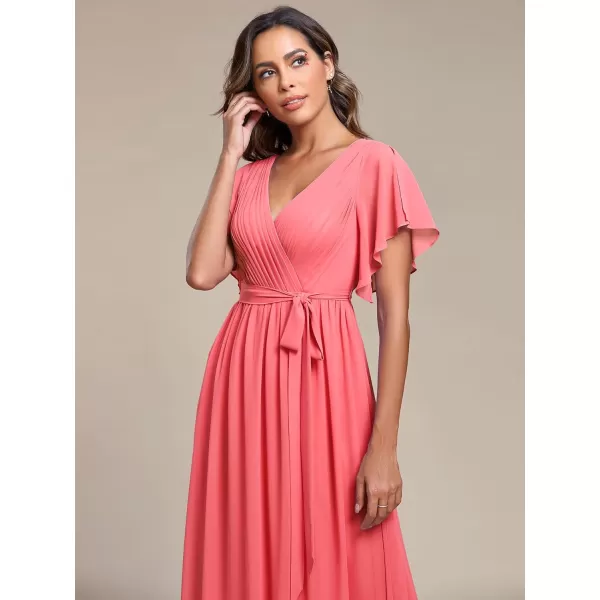 EverPretty Womens VNeck Ruffle Sleeves Ruched Bust Chiffon Floor Length Formal Dresses 0164AUSACoral