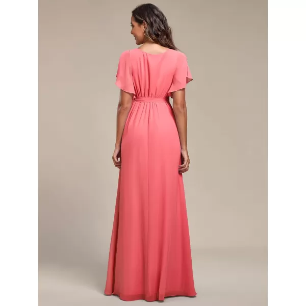 EverPretty Womens VNeck Ruffle Sleeves Ruched Bust Chiffon Floor Length Formal Dresses 0164AUSACoral