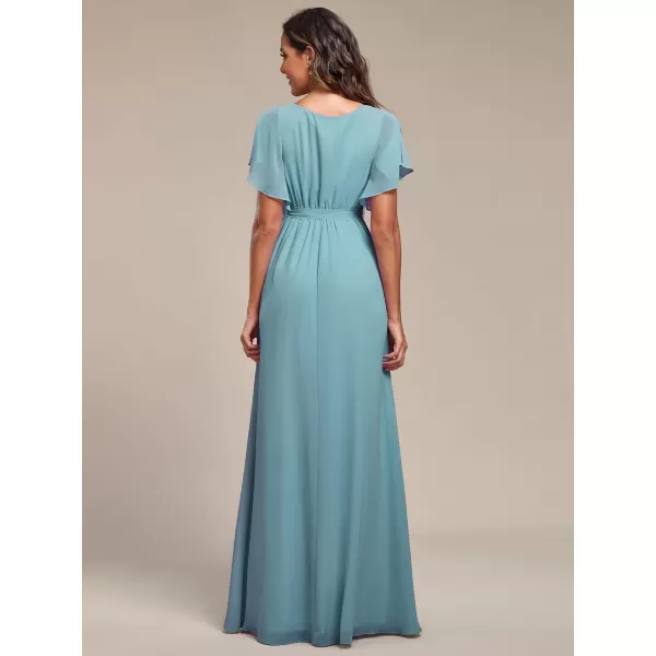 EverPretty Womens VNeck Ruffle Sleeves Ruched Bust Chiffon Floor Length Formal Dresses 0164AUSADusty Blue