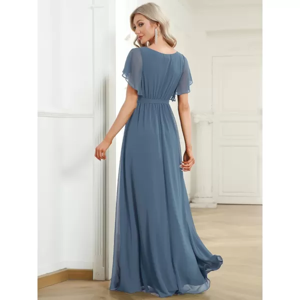 EverPretty Womens VNeck Ruffle Sleeves Ruched Bust Chiffon Floor Length Formal Dresses 0164AUSADusty Navy