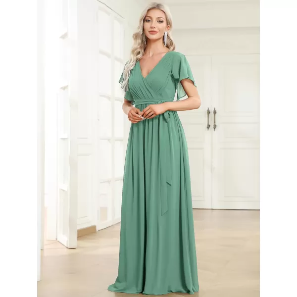 EverPretty Womens VNeck Ruffle Sleeves Ruched Bust Chiffon Floor Length Formal Dresses 0164AUSAGreen Blue