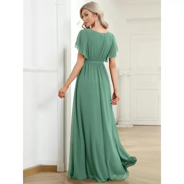 EverPretty Womens VNeck Ruffle Sleeves Ruched Bust Chiffon Floor Length Formal Dresses 0164AUSAGreen Blue