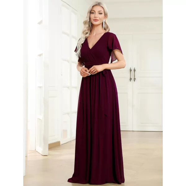 EverPretty Womens VNeck Ruffle Sleeves Ruched Bust Chiffon Floor Length Formal Dresses 0164AUSAMulberry