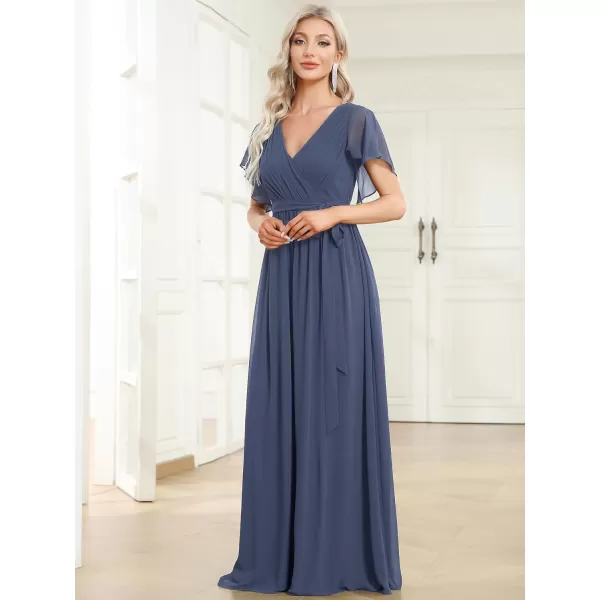 EverPretty Womens VNeck Ruffle Sleeves Ruched Bust Chiffon Floor Length Formal Dresses 0164AUSAStormy