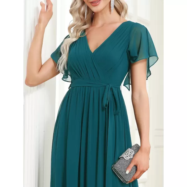 EverPretty Womens VNeck Ruffle Sleeves Ruched Bust Chiffon Floor Length Formal Dresses 0164AUSATeal