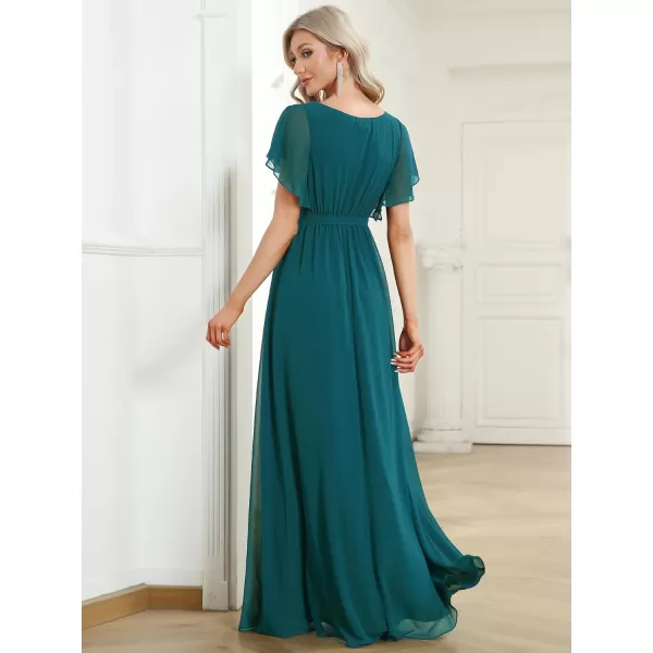 EverPretty Womens VNeck Ruffle Sleeves Ruched Bust Chiffon Floor Length Formal Dresses 0164AUSATeal