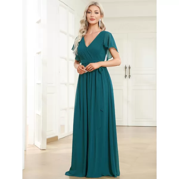 EverPretty Womens VNeck Ruffle Sleeves Ruched Bust Chiffon Floor Length Formal Dresses 0164AUSATeal