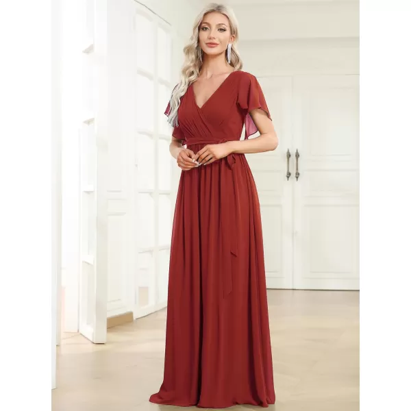 EverPretty Womens VNeck Ruffle Sleeves Ruched Bust Chiffon Floor Length Formal Dresses 0164AUSAVermilion