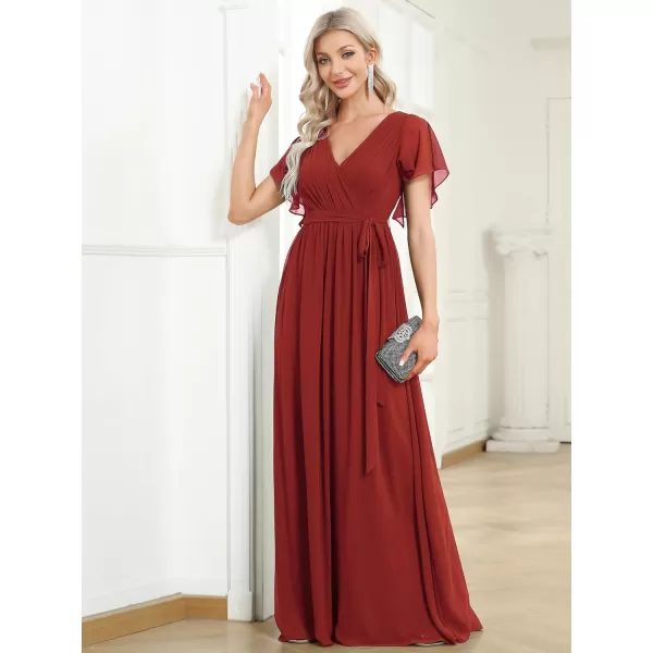 EverPretty Womens VNeck Ruffle Sleeves Ruched Bust Chiffon Floor Length Formal Dresses 0164AUSAVermilion