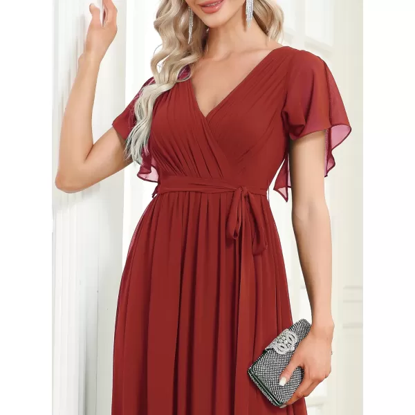 EverPretty Womens VNeck Ruffle Sleeves Ruched Bust Chiffon Floor Length Formal Dresses 0164AUSAVermilion