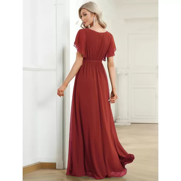 EverPretty Womens VNeck Ruffle Sleeves Ruched Bust Chiffon Floor Length Formal Dresses 0164AUSAVermilion
