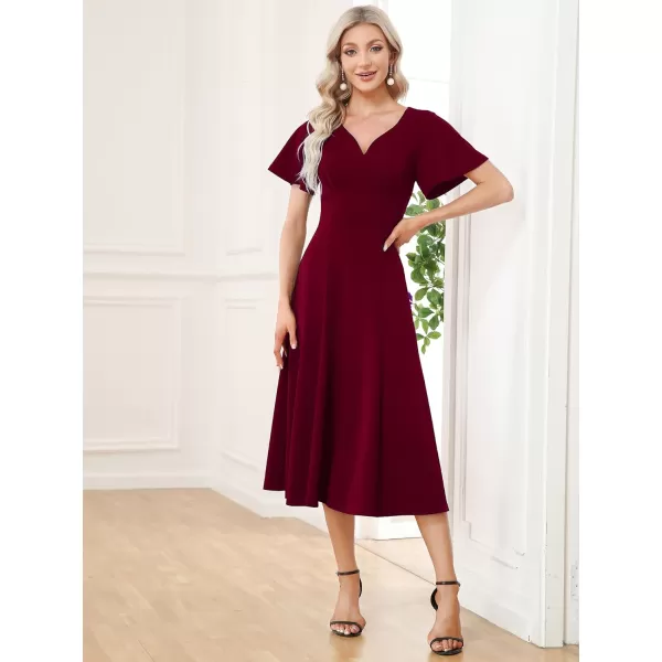 EverPretty Womens VNeck Ruffles Sleeves Pleated ALine Tea Length Formal Dresses 01577Burgundy