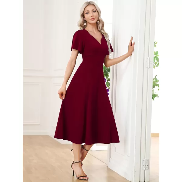 EverPretty Womens VNeck Ruffles Sleeves Pleated ALine Tea Length Formal Dresses 01577Burgundy