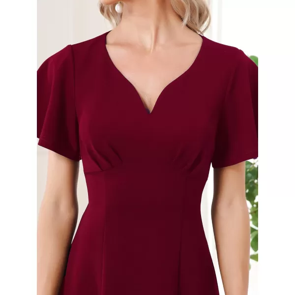 EverPretty Womens VNeck Ruffles Sleeves Pleated ALine Tea Length Formal Dresses 01577Burgundy