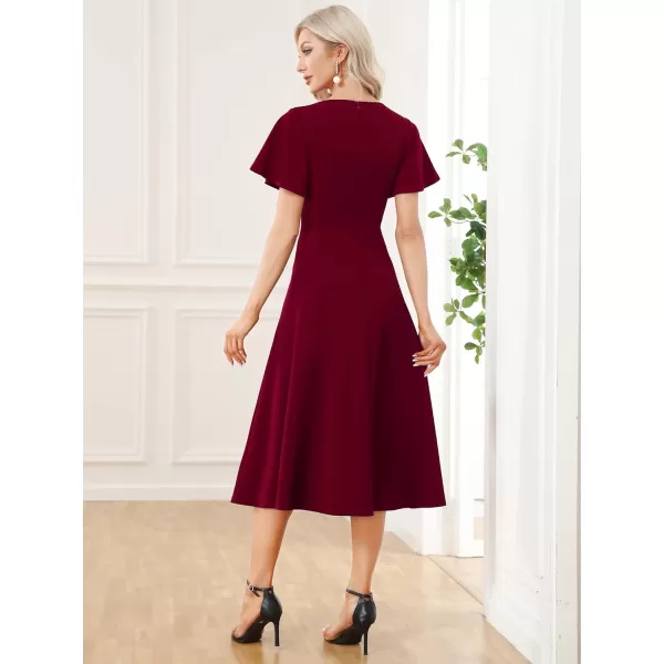 EverPretty Womens VNeck Ruffles Sleeves Pleated ALine Tea Length Formal Dresses 01577Burgundy