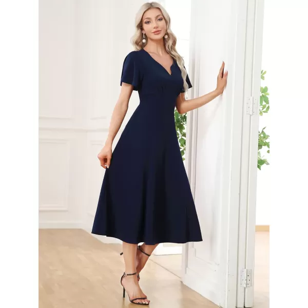 EverPretty Womens VNeck Ruffles Sleeves Pleated ALine Tea Length Formal Dresses 01577Navy Blue