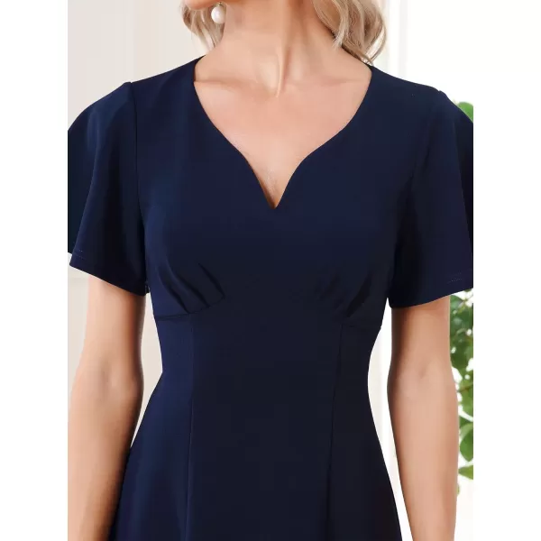 EverPretty Womens VNeck Ruffles Sleeves Pleated ALine Tea Length Formal Dresses 01577Navy Blue