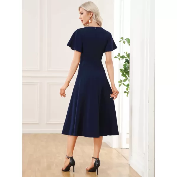 EverPretty Womens VNeck Ruffles Sleeves Pleated ALine Tea Length Formal Dresses 01577Navy Blue