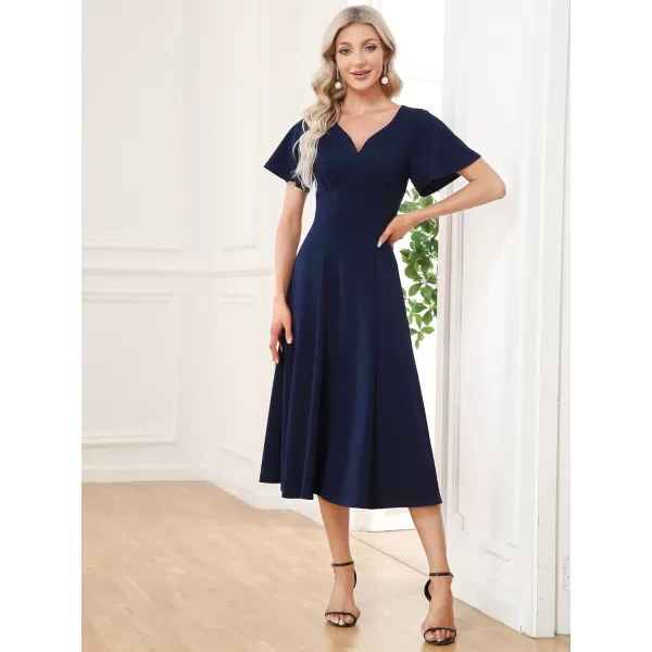 EverPretty Womens VNeck Ruffles Sleeves Pleated ALine Tea Length Formal Dresses 01577Navy Blue