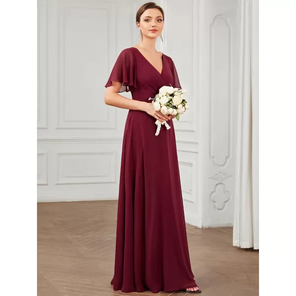 EverPretty Womens VNeck Ruffles Sleeves Ruched Hollow Out Chiffon ALine Maxi Bridesmaid Dresses 01472Burgundy