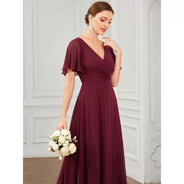 EverPretty Womens VNeck Ruffles Sleeves Ruched Hollow Out Chiffon ALine Maxi Bridesmaid Dresses 01472Burgundy