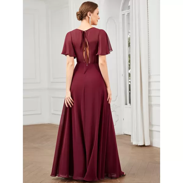 EverPretty Womens VNeck Ruffles Sleeves Ruched Hollow Out Chiffon ALine Maxi Bridesmaid Dresses 01472Burgundy