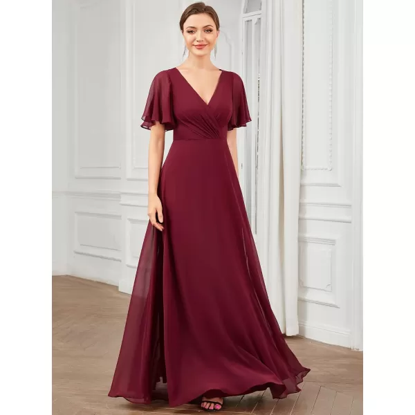 EverPretty Womens VNeck Ruffles Sleeves Ruched Hollow Out Chiffon ALine Maxi Bridesmaid Dresses 01472Burgundy