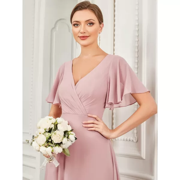 EverPretty Womens VNeck Ruffles Sleeves Ruched Hollow Out Chiffon ALine Maxi Bridesmaid Dresses 01472Dusty Rose