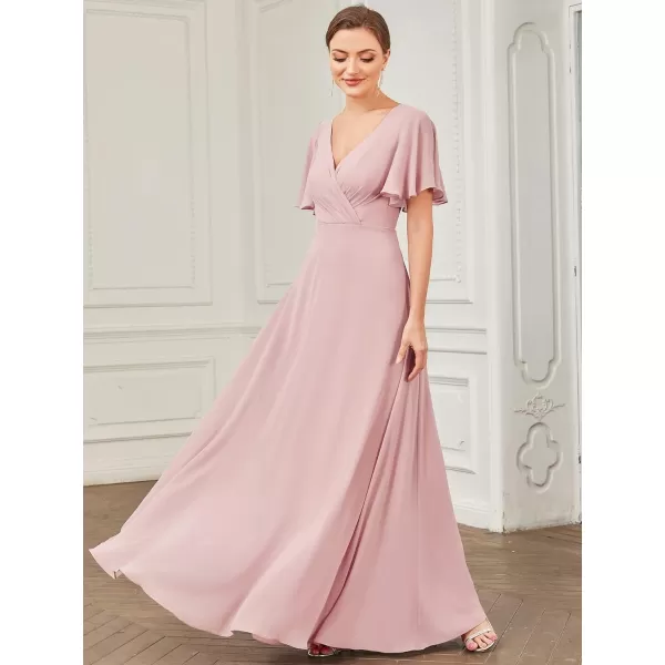 EverPretty Womens VNeck Ruffles Sleeves Ruched Hollow Out Chiffon ALine Maxi Bridesmaid Dresses 01472Dusty Rose