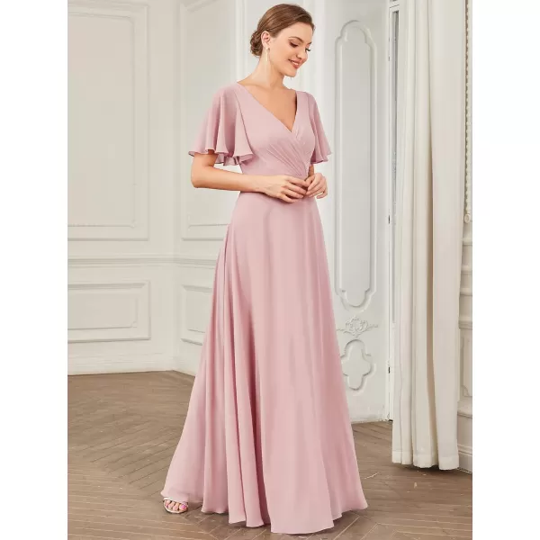 EverPretty Womens VNeck Ruffles Sleeves Ruched Hollow Out Chiffon ALine Maxi Bridesmaid Dresses 01472Dusty Rose