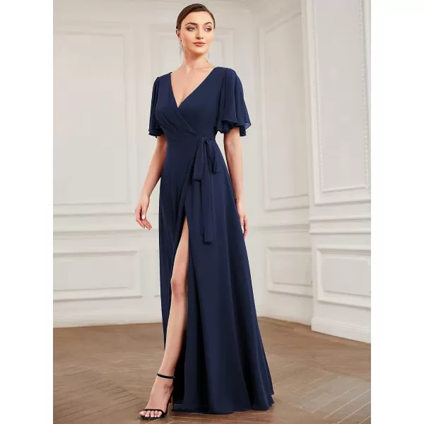 EverPretty Womens VNeck Ruffles Sleeves Side Slit One Piece Chiffon Floor Length Evening Dresses 0300ANavy Blue