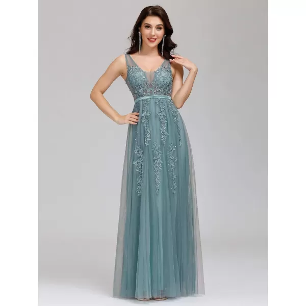 EverPretty Womens VNeck SeeThrough Lace Appliques Tulle Maxi Evening Dress 07543USABlue1