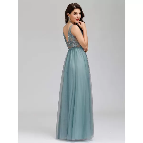 EverPretty Womens VNeck SeeThrough Lace Appliques Tulle Maxi Evening Dress 07543USABlue1